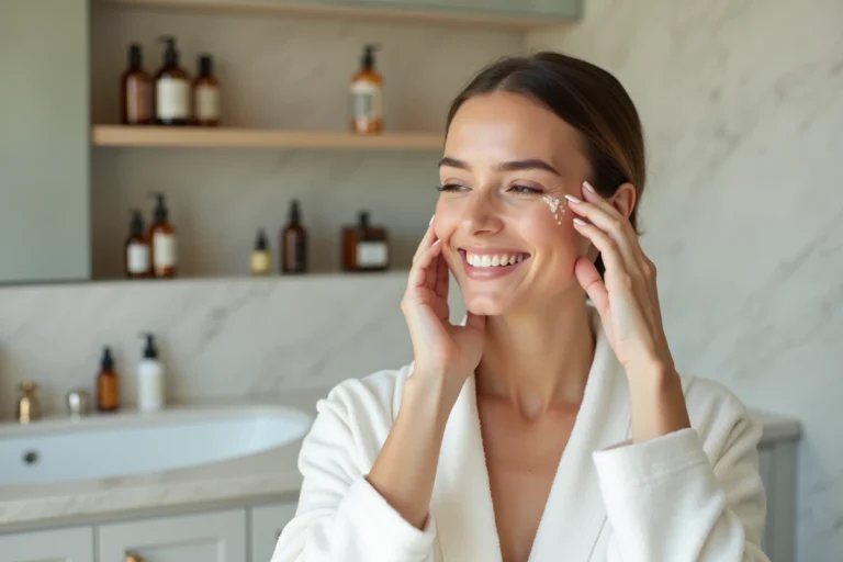 Femme appliquant un sérum sur son visage dans une salle de bain minimaliste en marbre, routine beauté quotidienne 2024