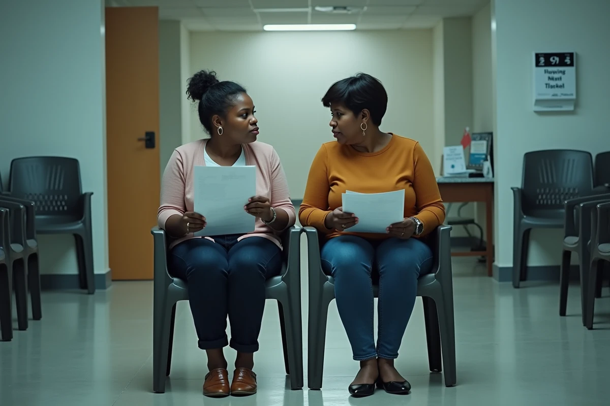Deux femmes en salle d'attente d'un office HLM tenant des dossiers de demande de logement, illustrant la concurrence entre candidats