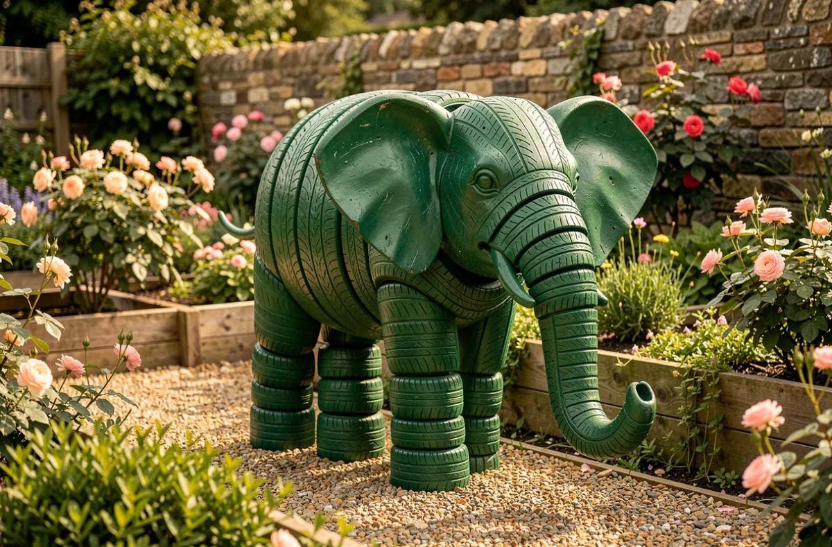 Sculpture animale en forme d'éléphant vert réalisée avec des pneus découpés et empilés, placée sur une allée de gravier dans un jardin fleuri et coloré.