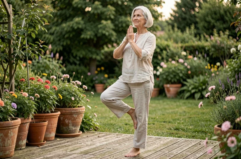 Femme senior pratiquant le yoga en plein air sur une terrasse en bois entourée d'un jardin fleuri