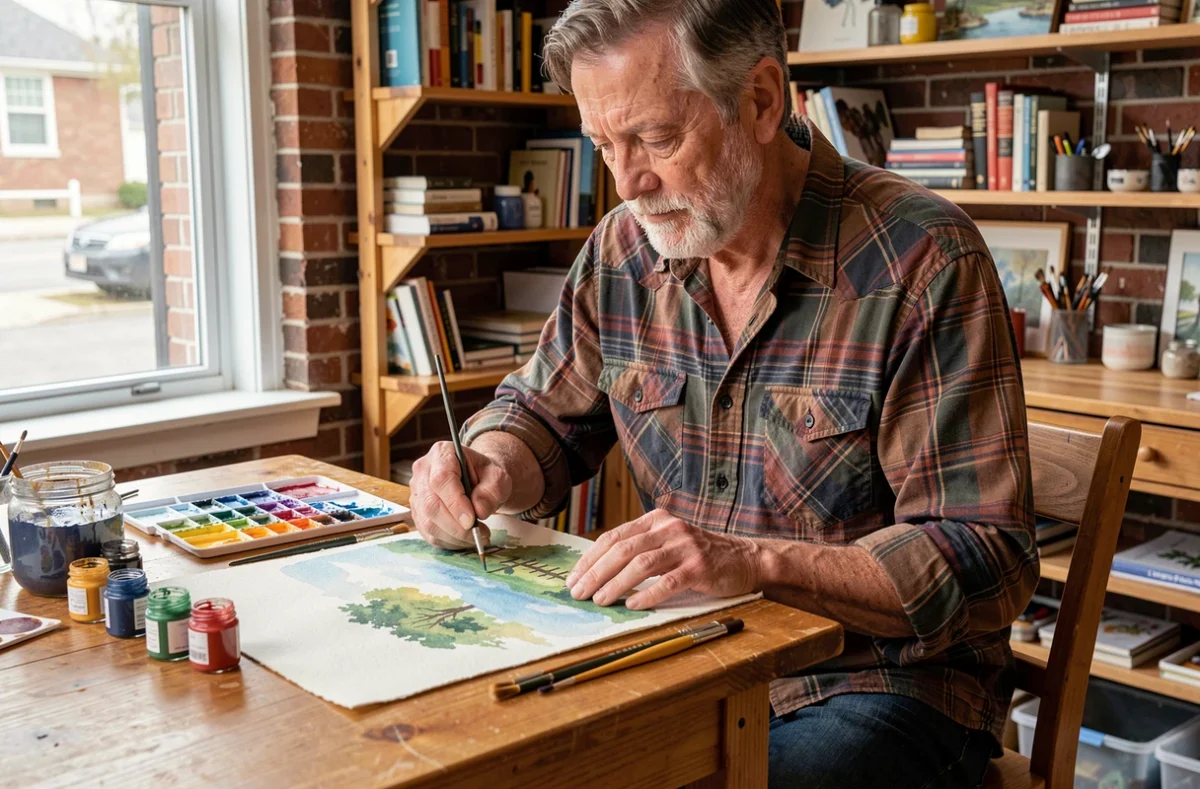 Homme senior concentré sur la peinture aquarelle dans un atelier créatif à domicile