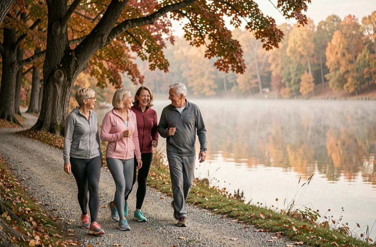 Groupe de seniors marchant ensemble sur un chemin au bord d'un lac en automne, partageant un moment de convivialité