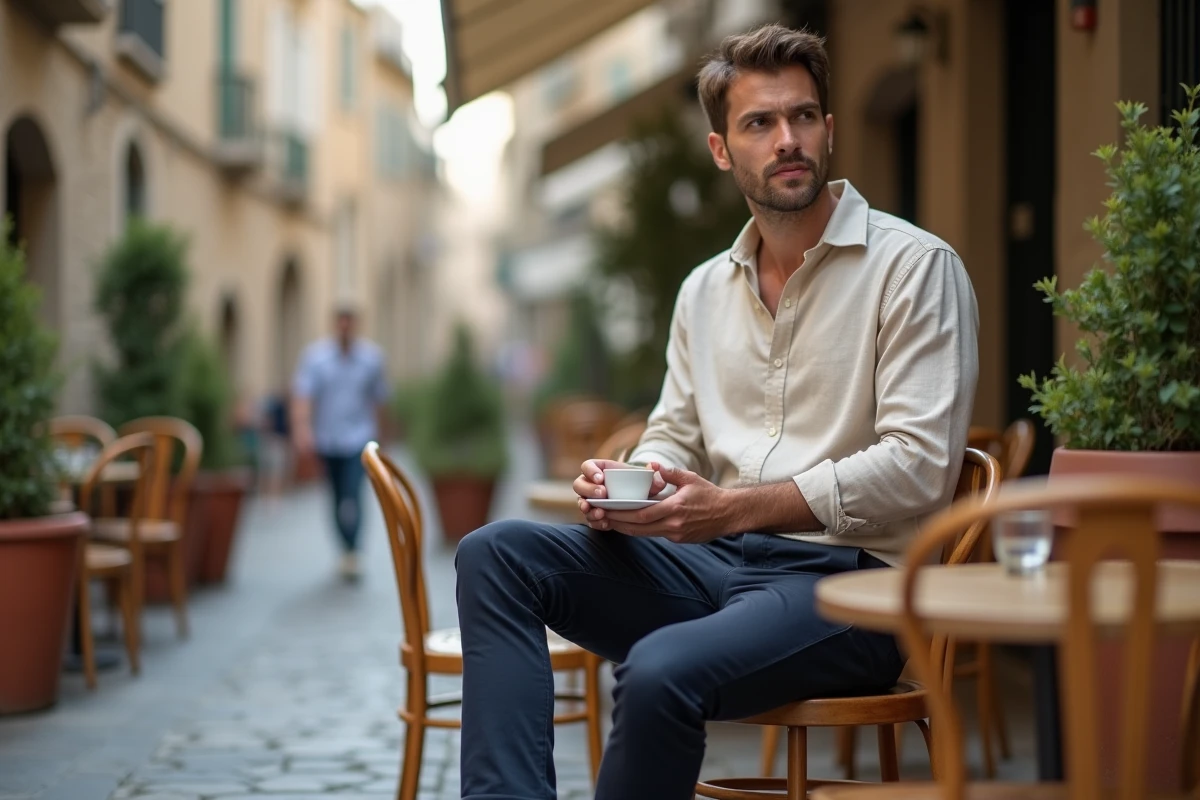 Homme stylé en tenue décontractée chic assis en terrasse de café parisien, illustrant les tendances mode masculine du quotidien