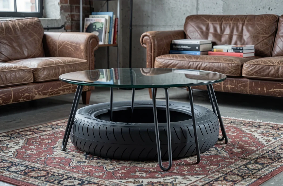 Table basse de salon originale fabriquée à partir d'un pneu peint en anthracite monté sur quatre pieds en métal noir, avec un plateau en verre rond, posée sur un tapis persan.