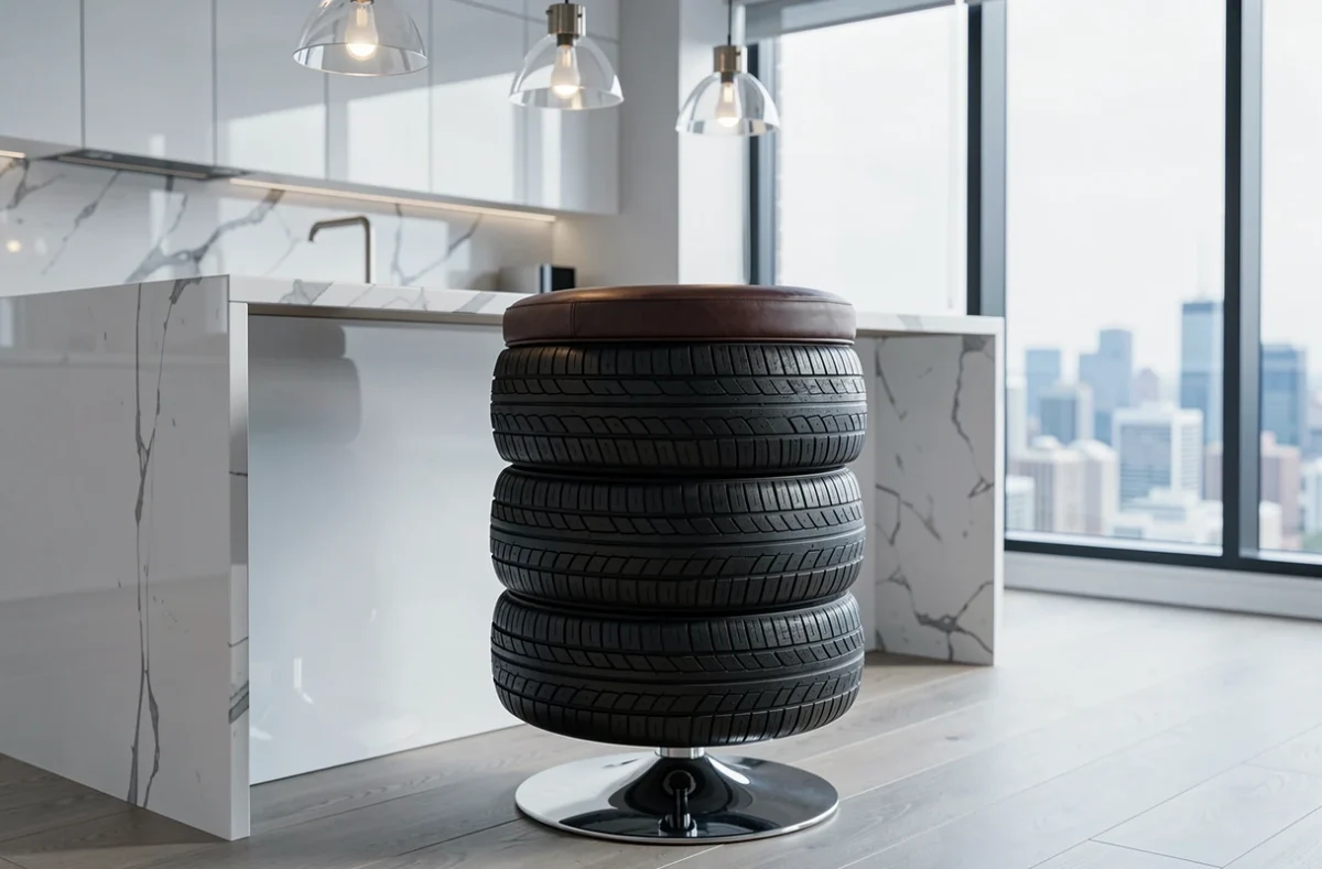 Tabouret de bar empilé fabriqué avec deux pneus montés sur une base pivotante chromée, le dessus tapissé de cuir synthétique marron capitonné, installé devant un îlot de cuisine en marbre.