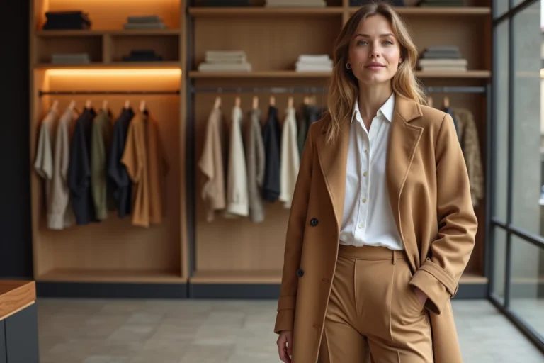 Femme élégante en trench-coat camel parcourant les nouvelles collections dans une boutique de mode parisienne moderne