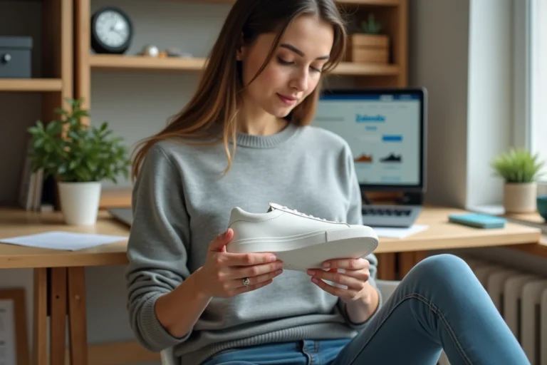 Femme examinant attentivement la semelle d'une chaussure blanche pour vérifier son authenticité achetée sur Zalando
