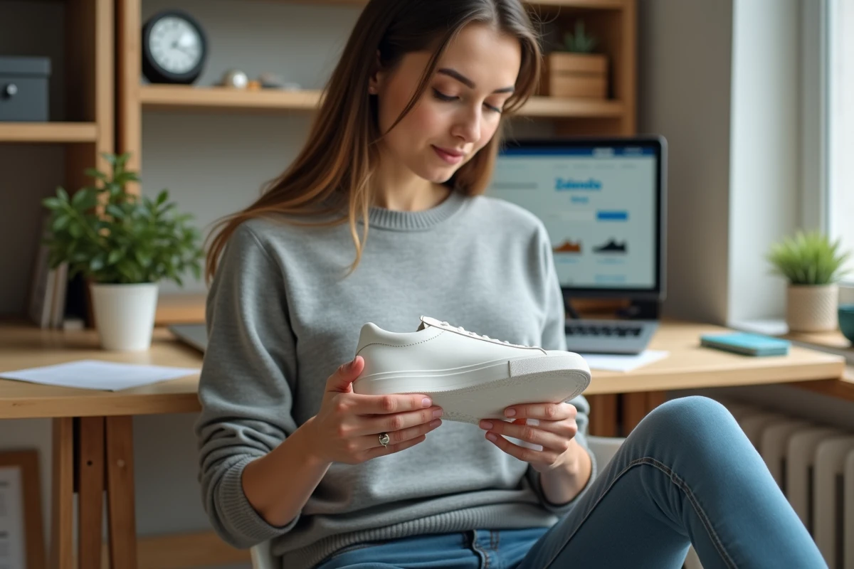 Femme examinant attentivement la semelle d'une chaussure blanche pour vérifier son authenticité achetée sur Zalando