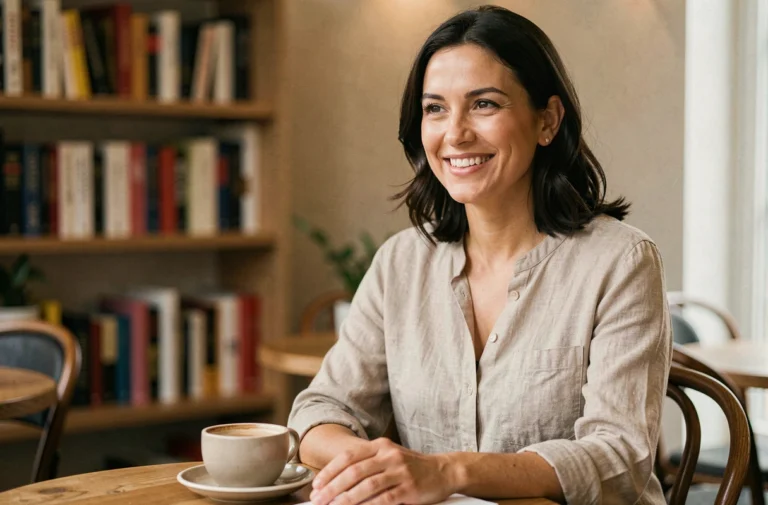 Femme aux cheveux bruns souriante dans un café cosy, évoquant la vie privée et l'intimité quotidienne