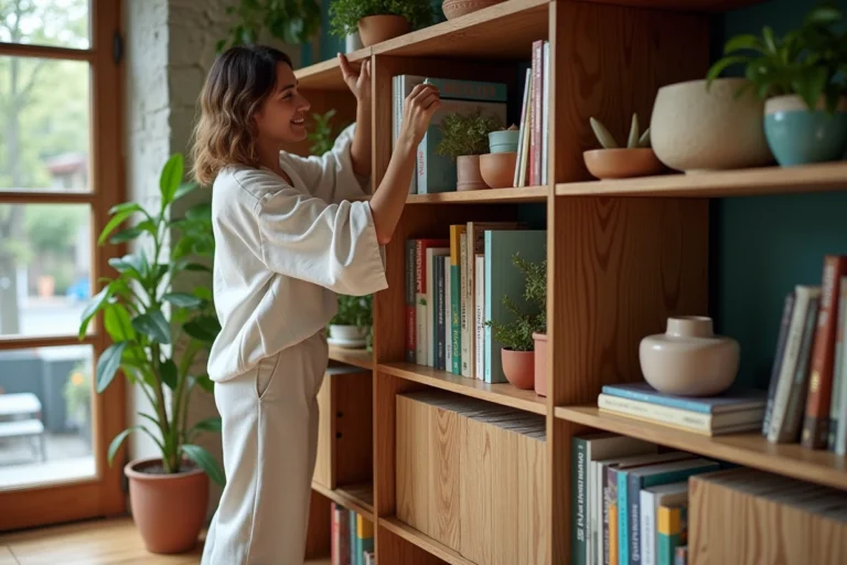 Femme arrangeant une étagère remplie de livres et plantes dans un salon cosy
